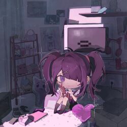 Rule 34 | 1girl, @ @, absurdres, ame-chan (needy girl overdose), black hair, black ribbon, black socks, box, cable, can, cardboard box, carpet, chibi, chinese commentary, chouzetsusaikawa tenshi-chan, closed mouth, commentary request, controller, crt, curtains, dark room, drink can, electric plug, emoji, frown, full body, game controller, gift, gift box, hair ornament, hair over one eye, heart-shaped box, highres, holding, holding phone, indoors, jar, knees up, loaded interior, long hair, looking at viewer, messy room, monitor, monster energy, mouse (computer), neck ribbon, needy girl overdose, official art inset, phone, picture frame, pien cat (needy girl overdose), pill bottle, pillow, pleading face emoji, red shirt, ribbon, sasasayuki, shelf, shirt, sitting, skirt, socks, soda can, solo, suspender skirt, suspenders, table, twintails, unworn headphones, wand, x hair ornament