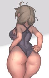 Rule 34 | 1girl, adjusting clothes, adjusting swimsuit, ahoge, ass, breasts, curvy, curvy, from behind, hair over shoulder, highres, kelvin hiu, large breasts, light brown hair, low twintails, one-piece swimsuit, original, purple one-piece swimsuit, solo, standing, swimsuit, thick thighs, thighs, twintails, violet (kelvin hiu), wet, wet clothes, wet hair, wet swimsuit