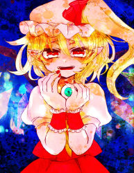 Rule 34 | 1girl, bad id, bad pixiv id, blonde hair, eyeball, fangs, flandre scarlet, hat, highres, looking at viewer, nail polish, open mouth, pointy ears, red eyes, shimana (cs-ts-az), side ponytail, slit pupils, solo, touhou, upper body, wings, wrist cuffs