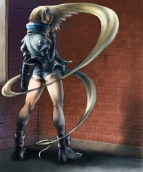 Rule 34 | 1girl, absurdly long hair, ankle boots, arc system works, ass, back, bare legs, blonde hair, blue eyes, bodysuit, boots, brick wall, corner, d-gunhoo, elbow gloves, fingerless gloves, from behind, full body, gloves, guilty gear, guilty gear x, guilty gear xx, hairband, hand up, high collar, highres, jacket, kneepits, long hair, looking at viewer, looking back, millia rage, prehensile hair, profile, shadow, short shorts, shorts, solo, standing, very long hair, wall