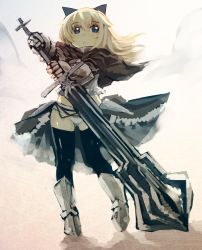 Rule 34 | 1girl, animal ears, armor, armored boots, black thighhighs, blonde hair, blue eyes, boots, capelet, cat ears, cat tail, gauntlets, gradient background, helma lennartz, highres, huge weapon, izuoku, long hair, looking away, open mouth, panties, solo, strike witches, strike witches: suomus misfits squadron, sword, tail, thighhighs, underwear, weapon, white panties, world witches series