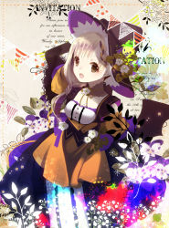Rule 34 | 1girl, :d, asymmetrical hair, black hair, blonde hair, braid, breasts, cleavage, cowboy shot, dress, english text, floral background, flower, green eyes, halloween, hand on headwear, hat, highres, long hair, looking at viewer, medium breasts, multicolored hair, neck ribbon, open mouth, orange hair, original, ribbon, smile, solo, star (symbol), string of flags, tareme, underbust, witch, witch hat, yuzuyomogi