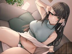 Rule 34 | 1girl, arm up, bare arms, black hair, blunt bangs, blush, braid, breasts, clothes lift, couch, cushion, danimaru, green eyes, green panties, hair ribbon, highres, indoors, large breasts, leaf, lifting own clothes, looking at viewer, mole, mole under mouth, navel, non-web source, original, panties, ribbed sweater, ribbon, seductive smile, sitting, skirt, skirt lift, sleeveless, sleeveless sweater, sleeveless turtleneck, smile, solo, sweater, thighs, turtleneck, underwear, white skirt
