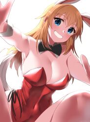 Rule 34 | 1girl, absurdres, black bow, black bowtie, blue eyes, blush, bow, bowtie, breasts, charlotte e. yeager, cleavage, covered navel, grin, highres, hiroshi (hunter-of-kct), large breasts, leotard, long hair, looking at viewer, orange hair, playboy bunny, rabbit ears, rabbit tail, red leotard, smile, solo, strike witches, world witches series