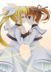 Rule 34 | 2girls, blonde hair, brown hair, closed eyes, couple, fate testarossa, female focus, hair ornament, happy, holding hands, interlocked fingers, long hair, looking at another, lyrical nanoha, mahou shoujo lyrical nanoha, mahou shoujo lyrical nanoha a&#039;s, merue, multiple girls, purple eyes, short hair, short twintails, simple background, smile, takamachi nanoha, twintails, yellow background, yuri