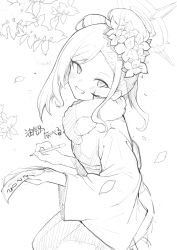 Rule 34 | 1girl, absurdres, asymmetrical hair, blue archive, clenched teeth, flower, greyscale, hair bun, hair flower, hair ornament, hair pulled back, halo, highres, japanese clothes, kimono, looking at viewer, monochrome, mutsuki (blue archive), mutsuki (new year) (blue archive), obi, official alternate costume, pen, sash, side ponytail, smile, solo, teeth, youguo naberu