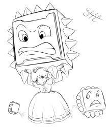 Rule 34 | 1girl, angry, crown, dress, earrings, flower earrings, gloves, highres, holding, jewelry, jumping, mario (series), nervous, nintendo, princess daisy, puffy short sleeves, puffy sleeves, short sleeves, spikes, standing, super mario land, super mario world, thwimp, thwomp, tomboy, worried