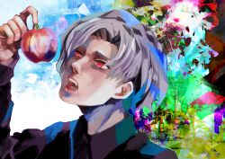Rule 34 | 1girl, absurdres, black shirt, blue background, collared shirt, green background, grey hair, hand up, highres, kanae von rosewald, kyuuba melo, long sleeves, multicolored background, open mouth, red eyes, shiny lips, shirt, short hair, solo, teeth, tokyo ghoul, tokyo ghoul:re, upper teeth only