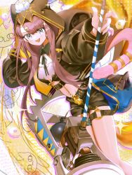 1girl animal_ear_hood arknights belt brown_hair cat_tail crop_top fake_animal_ears grey_eyes highres holding holding_weapon hood hoodie looking_at_viewer midriff navel pepe_(arknights) ribbon smile solo tail waiomori weapon