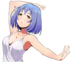 Rule 34 | 1girl, :o, arm up, blue hair, breasts, chelle ingham, cleavage, collarbone, dress, original, outstretched arm, parted lips, short hair, simple background, solo, upper body, white background, white dress, yellow eyes