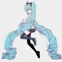 Rule 34 | 1girl, absurdly long hair, bad id, bad twitter id, black skirt, black thighhighs, blue eyes, blue hair, breasts, collared shirt, curly hair, eiku, eyelashes, eyes visible through hair, facing viewer, full body, grey background, grey shirt, hair between eyes, hatsune miku, head tilt, highres, interlocked fingers, leg up, light smile, long hair, looking back, looking to the side, own hands together, pale skin, parted lips, pleated skirt, shirt, sideboob, sidelocks, simple background, skirt, small breasts, solo, sparkle, standing, standing on one leg, thighhighs, tiptoes, twintails, very long hair, vocaloid, zettai ryouiki