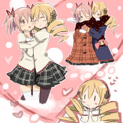 Rule 34 | 10s, 2girls, abe kanari, blonde hair, casual, charlotte (madoka magica), closed eyes, drill hair, heart, hug, kaname madoka, mahou shoujo madoka magica, mahou shoujo madoka magica (anime), multiple girls, official style, pantyhose, pink eyes, pink hair, scarf, school uniform, shared clothes, shared scarf, smile, themed object, thighhighs, tomoe mami, twintails, winter clothes, yuri