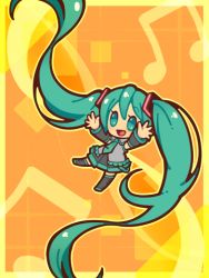 Rule 34 | 1girl, :d, chibi, detached sleeves, eyelashes, floating, frills, green eyes, green hair, hatsune miku, long hair, long sleeves, lowres, matching hair/eyes, musical note, necktie, open mouth, orange background, outstretched arms, pleated skirt, simple background, skirt, smile, solo, syamo, thighhighs, twintails, very long hair, vocaloid, yellow background