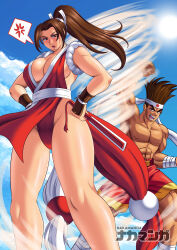 Rule 34 | 1boy, 1girl, absurdres, angry, bare legs, bare shoulders, blue sky, breasts, cleavage, fatal fury, highres, joe higashi, large breasts, leotard, leotard under clothes, muscular, muscular male, nakamanga, panties, ponytail, revealing clothes, shiranui mai, shirtless, sky, sunlight, underwear, wide hips