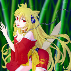 Rule 34 | 1girl, animal ears, bamboo, bamboo forest, bb (t12j076bt), blonde hair, breasts, chain, collar, colorized, forest, highres, japanese clothes, kimono, leash, long hair, looking at viewer, nature, open mouth, original, red eyes, smile, solo, tail, very long hair