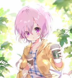 Rule 34 | 1girl, ahoge, bad id, bad pixiv id, bag, beige jacket, blush, coffee cup, cup, disposable cup, dohj00, eyes visible through hair, fate (series), hair between eyes, hood, hood down, hooded jacket, jacket, leaf, looking at viewer, maple leaf, mash kyrielight, mash kyrielight (senpai killer outfit), offering drink, official alternate costume, open mouth, plaid, purple eyes, purple hair, short hair, shoulder bag, solo, starbucks, upper body