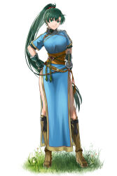 Rule 34 | 1girl, blue dress, boots, breasts, brown footwear, closed mouth, commentary request, delsaber, dress, earrings, fingerless gloves, fire emblem, fire emblem: the blazing blade, full body, gloves, gold earrings, grass, green eyes, green gloves, green hair, green undershirt, hair ornament, hand on own hip, high collar, high ponytail, highres, holding, holding sword, holding weapon, jewelry, katana, knee boots, large breasts, long hair, looking at viewer, lyn (fire emblem), nintendo, pelvic curtain, rope belt, sash, shirt, short sleeves, smile, solo, standing, sword, turtleneck, very long hair, weapon, white background