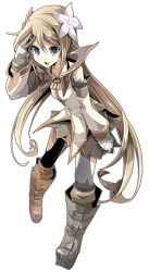 Rule 34 | 00s, 1girl, black thighhighs, boots, brown hair, brown skirt, detached sleeves, flower, fruit punch, full body, gloves, grey eyes, hair flower, hair ornament, knee boots, leaning forward, long hair, marta lualdi, miniskirt, skirt, solo, tales of (series), tales of symphonia, tales of symphonia: dawn of the new world, thighhighs, thighhighs under boots, transparent background
