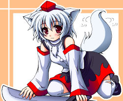 Rule 34 | 1girl, :3, all fours, animal ears, detached sleeves, female focus, hat, inubashiri momiji, nagana sayui, red eyes, short hair, solo, sword, tail, thighhighs, tokin hat, touhou, weapon, white hair, wolf ears, wolf tail