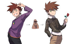 Rule 34 | 1boy, arrow (symbol), black pants, brown hair, brown pants, closed mouth, collared shirt, commentary request, creatures (company), eyelashes, flower, game freak, gary oak, green eyes, grin, hand in pocket, highres, holding, holding flower, jacket, jewelry, korean commentary, long sleeves, male focus, multiple views, necklace, nintendo, pants, pokemon, pokemon (anime), pokemon (classic anime), pokemon journeys, purple shirt, red flower, red rose, redlhzz, rose, shirt, short hair, smile, spiked hair, split mouth, teeth, white shirt