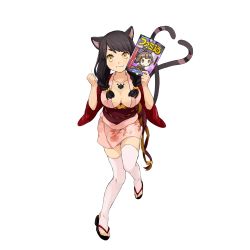 Rule 34 | 1girl, animal ears, bell, braid, breasts, cat ears, cat tail, cleavage, clenched hand, famitsu, front braid, full body, highres, holding, holding magazine, japanese clothes, kimono, long hair, looking at viewer, magazine (object), nekomata (youkai hyakki-tan!), obi, official art, sandals, sash, short kimono, solo, tail, tattoo, toeless legwear, toes, transparent background, twin braids, twintails, youkai hyakki-tan!