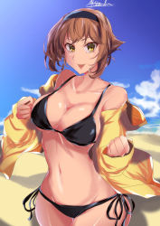Rule 34 | 1girl, absurdres, beach, bikini, black hairband, blue sky, breasts, brown eyes, brown hair, cleavage, cloud, commentary request, cowboy shot, day, hairband, highres, horizon, huge filesize, jacket, kantai collection, large breasts, looking at viewer, matsurika (harusutain), mutsu (kancolle), outdoors, short hair, side-tie bikini bottom, signature, sky, solo, swimsuit, yellow jacket