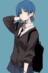 Rule 34 | 1girl, absurdres, arm behind head, backpack, bag, black bag, black necktie, blue hair, blue skirt, bocchi the rock!, bracelet, brown jacket, buttons, closed mouth, collared shirt, cowboy shot, expressionless, eyes visible through hair, hand up, highres, jacket, jewelry, kagura-chitose (pixiv 68338191), long sleeves, looking at viewer, mole, mole under eye, necktie, pleated skirt, shirt, short hair, skirt, sleeves rolled up, solo, standing, uniform, white shirt, yamada ryo, yellow eyes