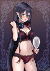 Rule 34 | 1girl, black hair, blush, bra, breasts, choker, cleavage, commentary, cowboy shot, earrings, english commentary, ghost, green eyes, headphones, highres, jewelry, lace trim, lingerie, long hair, medium breasts, mika melatika, mixed-language commentary, multicolored hair, navel, nijisanji, nijisanji id, okotte-neko, panties, pointy ears, red hair, red nails, simple background, solo, streaked hair, tongue, tongue out, underwear, underwear only, very long hair, virtual youtuber