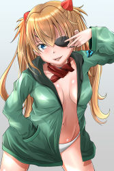 Rule 34 | 1girl, artist request, blue eyes, breasts, brown hair, evangelion: 3.0+1.0 thrice upon a time, eyepatch, from above, green jacket, hair ornament, hair over one eye, hands in pockets, highres, jacket, legs apart, long hair, navel, neon genesis evangelion, no bra, panties, rebuild of evangelion, scarf, shiny skin, smile, souryuu asuka langley, standing, thigh gap, two side up, underwear, v
