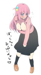 Rule 34 | 1girl, arm under breasts, blue eyes, blush, bocchi the rock!, breast hold, breasts, breasts out, gotoh hitori, jacket, japanese text, large breasts, leaning forward, legs, looking at viewer, nipples, open mouth, pink hair, skirt, smile, thighs, translation request