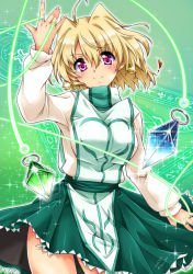 Rule 34 | 1girl, ahoge, artist name, blonde hair, blush, breasts, closed mouth, dated, earrings, green skirt, heart, highres, jewelry, large breasts, looking at viewer, lyrical nanoha, magic, magic circle, magical girl, mahou shoujo lyrical nanoha, mahou shoujo lyrical nanoha a&#039;s, mahou shoujo lyrical nanoha strikers, miniskirt, purple eyes, san-pon, shamal, short hair, skirt, smile, solo