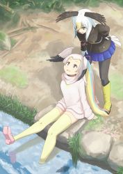 Rule 34 | 2girls, arms at sides, bald eagle (kemono friends), bird tail, bird wings, black jacket, black legwear, blonde hair, blue hair, blue skirt, boots, day, from above, great white pelican (kemono friends), hair ribbon, hand on own hip, hand rest, head wings, high ponytail, jacket, kemono friends, leaning forward, long hair, long sleeves, looking at another, looking down, looking up, medium hair, miniskirt, multicolored hair, multiple girls, outdoors, outstretched leg, pantyhose, pink footwear, pink hair, pink skirt, pink sweater, plaid, plaid skirt, purple eyes, red hair, ribbon, shoes, sitting, skirt, standing, sweater, tail, thighhighs, two-tone hair, water, white hair, wings, yellow eyes, yellow footwear, yellow legwear, zettai ryouiki