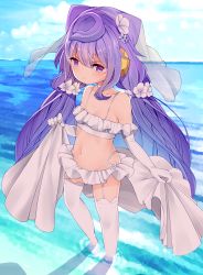 Rule 34 | 1boy, bare shoulders, blue eyes, blue hair, child, closed mouth, collarbone, elbow gloves, flower, gloves, hacka doll, hacka doll 3, hair flower, hair ornament, highres, long hair, looking at viewer, navel, semimarusemi, skirt, solo, standing, thighhighs, white gloves, white skirt, white thighhighs