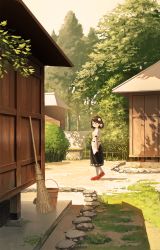 Rule 34 | 1girl, arm at side, belt, black eyes, black hair, black skirt, blush, broom, brown sky, bucket, day, fence, fjsmu, from side, hat, highres, house, looking up, outdoors, pantyhose, pom pom (clothes), puffy short sleeves, puffy sleeves, red footwear, red hat, rock, scenery, shadow, shameimaru aya, shirt, short hair, short sleeves, skirt, solo, tokin hat, touhou, tree, untucked shirt, village, walking, white pantyhose, white shirt, wide shot, wooden fence