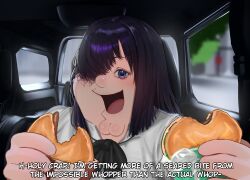 Rule 34 | 1boy, absurdres, black hair, burger, burn scar, car interior, cleft chin, commentary, cosplay, daym drops, double chin, english commentary, family guy, food, highres, holding, holding food, ikezawa hanako, ikezawa hanako (cosplay), katawa shoujo, kowai (iamkowai), looking at viewer, male focus, medium hair, open mouth, parody, peter griffin, purple eyes, scar, school uniform, solo, yamaku high school uniform