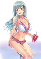 Rule 34 | 1girl, aqua hair, arm support, bikini, blush, breasts, collarbone, cup, drinking straw, frilled bikini, frills, gradient background, green eyes, hair ornament, hairclip, holding, holding cup, kantai collection, large breasts, long hair, looking at viewer, navel, open mouth, pink bikini, saemon (tonpura), side-tie bikini bottom, simple background, sitting, soft drink, solo, suzuya (kancolle), swimsuit, upper body, wet, white background, white bikini