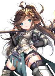 Rule 34 | 1girl, ahoge, armor, bike shorts, black hair, blue eyes, boots, breastplate, commentary, demimushi, elbow pads, fingerless gloves, gloves, granblue fantasy, hair ornament, hairpin, hammer, hand on own hip, harvin, highres, long hair, looking at viewer, pointy ears, polaris (granblue fantasy), ponytail, simple background, smile, solo, thigh boots, thighhighs, white background
