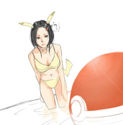 Rule 34 | 1girl, ?, animal ears, arm behind back, bare shoulders, bikini, black eyes, black hair, blurry, collar, collarbone, cosplay, creatures (company), depth of field, downblouse, game freak, gen 1 pokemon, hair ornament, hairclip, hand on own thigh, leaning forward, legs apart, long hair, navel, nintendo, parted bangs, pikachu, pikachu tail, poke ball, pokemon, pokemon tail, red lips, sdyoui, self-upload, simple background, sketch, solo, spiked collar, spikes, spoken question mark, standing, stomach, swimsuit, tail, wading, water, white background, yellow bikini