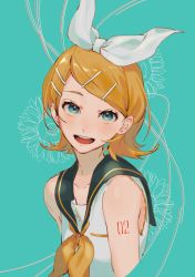Rule 34 | 1girl, absurdres, bad id, bad pixiv id, black sailor collar, blonde hair, blue background, blue eyes, bow, clip studio paint (medium), collarbone, commentary, flower (symbol), hair bow, hair ornament, hairclip, highres, kagamine rin, looking at viewer, neckerchief, open mouth, sailor collar, shirt, short hair, sleeveless, sleeveless shirt, smile, solo, symbol-only commentary, tattoo, teeth, unknown0791, upper body, upper teeth only, vocaloid, white bow, white shirt, yellow neckerchief