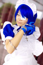 Rule 34 | apron, cosplay, cuffs, eyepatch, gloves, handcuffs, highres, ikkitousen, maid, maid apron, photo (medium), riori, ryomou shimei, ryomou shimei (cosplay)
