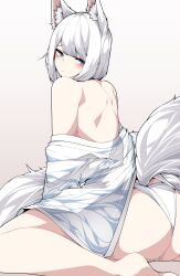 Rule 34 | 1girl, absurdres, animal ear fluff, animal ears, ass, azur lane, bare back, bare shoulders, barefoot, blue eyes, blush, commentary, fox ears, fox tail, gradient background, grey background, highres, japanese clothes, kaga (azur lane), kimono, looking at viewer, off shoulder, panties, samip, short hair, sitting, solo, tail, thighs, underwear, wariza, white hair, white kimono, white panties