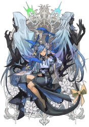 1girl angel_wings bird black_dress black_flower black_footwear braid braided_ponytail closed_eyes closed_mouth crop_top crossed_legs dizzy_(guilty_gear) dress elbow_gloves fingerless_gloves floating flower front_slit full_body gloves guilty_gear guilty_gear_strive hair_flower hair_ornament halo hungry_clicker invisible_chair long_hair low-tied_long_hair mature_female monster_girl necro_(guilty_gear) open_mouth queen_dizzy ribbon sidelocks sitting spiked_halo swept_bangs tail tail_ornament tail_ribbon thighs undine_(guilty_gear) white_background white_flower wide_sleeves wings yellow_flower