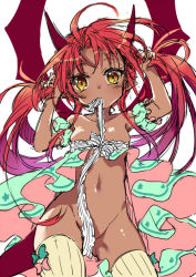 Rule 34 | 1girl, bad id, bad pixiv id, breasts, bunching hair, convenient censoring, cowboy shot, dark-skinned female, dark skin, dragon girl, garnet (unleashed), groin, horns, long hair, looking at viewer, manle, messy hair, monster girl, navel, original, red hair, ribbon, sketch, skindentation, slit pupils, small breasts, solo, standing, thighhighs, thighs, unleashed, wings, yellow eyes