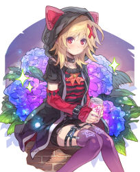 Rule 34 | 1girl, animal hood, black collar, black jacket, black shorts, blonde hair, blouse, blue flower, blush, brick wall, can, closed mouth, collar, collarbone, commentary request, copyright request, detached sleeves, feet out of frame, flower, hair between eyes, hair ornament, haku (sabosoda), highres, holding, holding can, hood, hood up, hooded jacket, hydrangea, jacket, knees together feet apart, long sleeves, open clothes, open jacket, purple flower, purple thighhighs, red eyes, shirt, short shorts, short sleeves, shorts, sitting, sleeves past wrists, solo, sparkle, striped clothes, striped shirt, thighhighs, x hair ornament