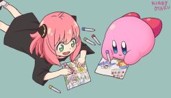 Rule 34 | 1girl, anya (spy x family), artist name, bandana waddle dee, black dress, blue eyes, blush, cake, child, child&#039;s drawing, closed mouth, commentary, crossover, drawing, dress, food, green background, green eyes, hairpods, kirby, kirby (series), kirby otaku, lying, marker, meta knight, nintendo, on stomach, open mouth, paper, pink hair, short hair, simple background, smile, spy x family, watermark