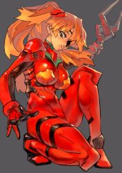 Rule 34 | 1girl, absurdres, alternate breast size, bident, bodysuit, breasts, commentary, curvy, evangelion: 3.0 you can (not) redo, eyepatch, full body, green eyes, grey background, headgear, highres, holding, holding polearm, holding spear, holding weapon, lance, lance of longinus (evangelion), large breasts, long hair, looking at viewer, looking down, neon genesis evangelion, on one knee, one eye covered, orange hair, parted lips, plugsuit, polearm, rebuild of evangelion, red bodysuit, shiny clothes, simple background, skin tight, solo, souryuu asuka langley, spear, turtleneck, twintails, unizama, very long hair, weapon, wide hips