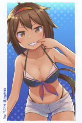 Rule 34 | 1girl, adapted costume, ahoge, bikini, black bikini, blue background, breasts, brown eyes, brown hair, cleavage, cowboy shot, gradient background, hairband, highres, kantai collection, looking at viewer, medium breasts, mouth pull, red hairband, shiratsuyu (kancolle), shiratsuyu kai ni (kancolle), shorts, solo, standing, swimsuit, toge nbo, white shorts