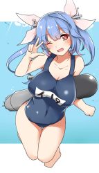 Rule 34 | absurdres, aoi renji, blue hair, fang, highres, i-19 (kancolle), kantai collection, name tag, one-piece swimsuit, one eye closed, red eyes, ribbon, school swimsuit, solo, star-shaped pupils, star (symbol), swimsuit, symbol-shaped pupils, torpedo, twintails, underwater