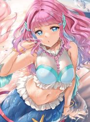 Rule 34 | 1girl, arm support, blue eyes, bracelet, breasts, commentary request, fins, head fins, highres, jewelry, kamishiro ryuu, laura (precure), long hair, looking at viewer, medium breasts, mermaid, midriff, monster girl, nail polish, navel, partially submerged, pink hair, precure, sleeveless, solo, tropical-rouge! precure, water, wet