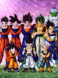 Rule 34 | 6+boys, alien, black hair, blue eyes, cape, crossed arms, dragonball z, earrings, frown, full body, fusion, gloves, gogeta, gotenks, grin, halo, hand on own hip, highres, jewelry, looking at viewer, multiple boys, piccolo, purple hair, smile, son gohan, son goku, son goten, standing, trunks (dragon ball), v, vegeta, vegetto